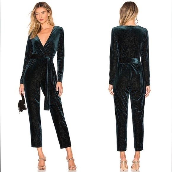 Lovers and Friends Womens XS Green Velvet Sparkle Hart Jumpsuit Belted New - Picture 1 of 6